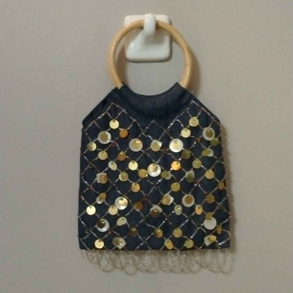 Purse-Tote Denim Jeans Blue Wooden Handle Hand Sewn Argyle Beaded Sequin Design - Picture 11 of 12